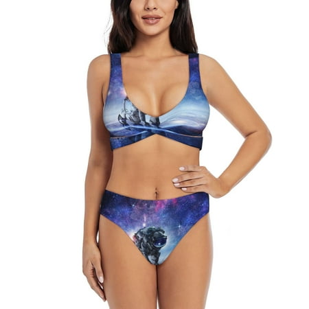 Zeuib Astronauts Start Running High Waisted Tummy Control Bikini Set - Knot Front Push Up Top & Cheeky Thong Bottom  Two-Piece Swimsuit for Women-XX-Large