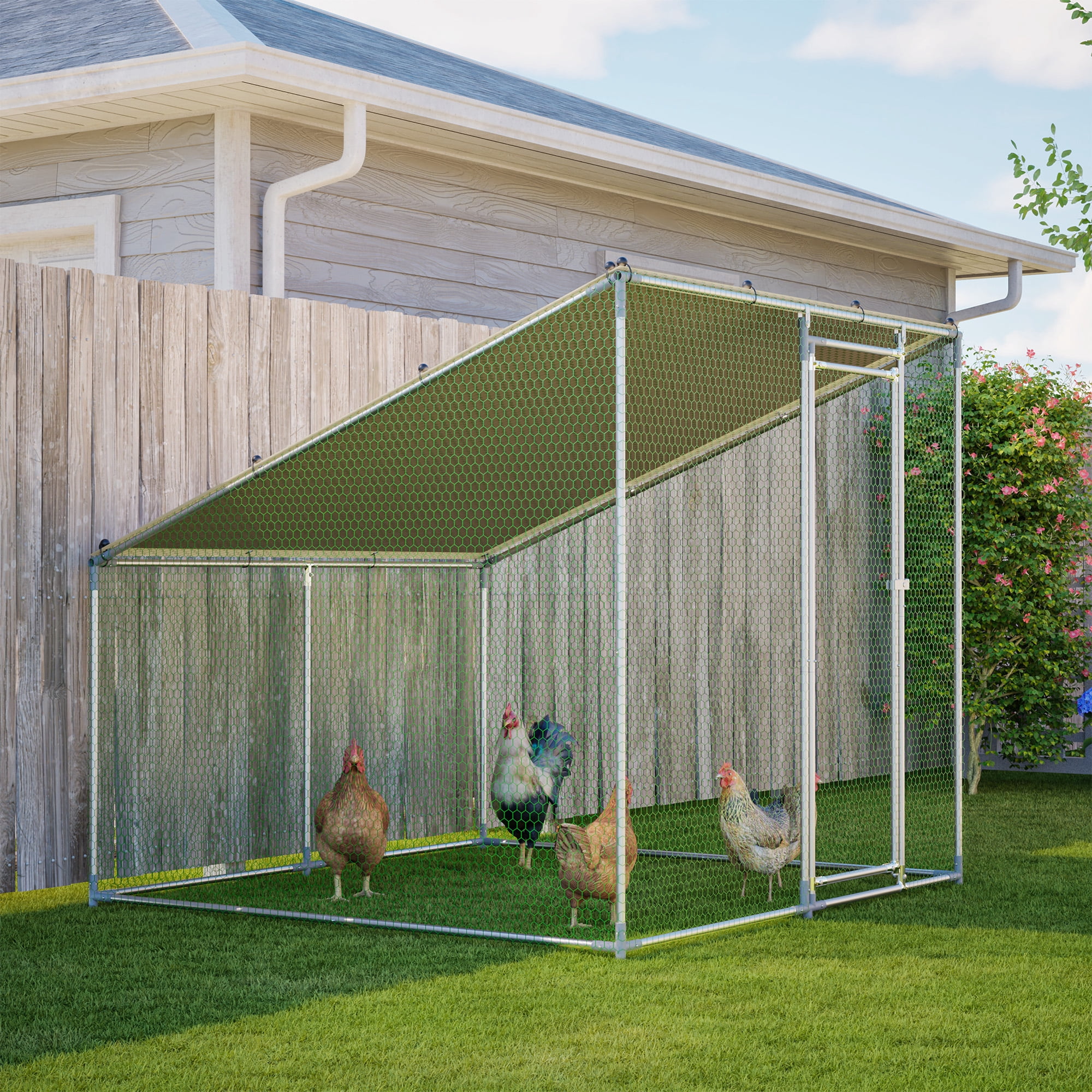 Walk-In Metal Chicken Coop,Slanted Roof,Heavy-Duty All-Weather Poultry Cage with Waterproof & Anti-UV Cover, Stable Outdoor Run for Yard with Spring Button Connectors & Reinforced Mesh