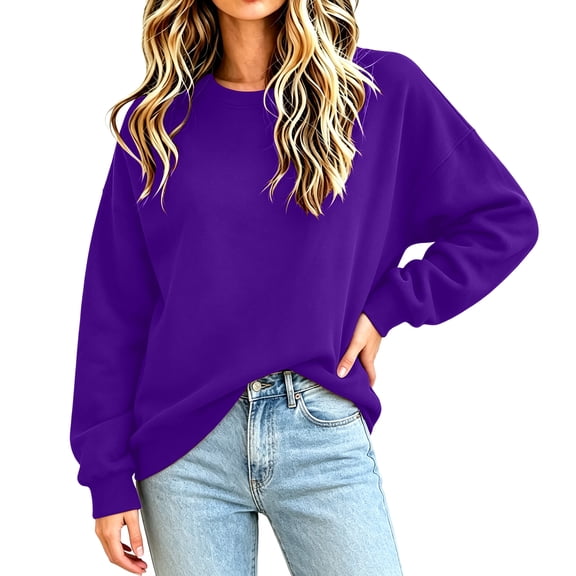 IAJDKMEK Womens Solid Pocket Sweatshirt - Crew Neck Sweatshirts Women Long Sleeve Pullover Oversized Tops with Pockets,Purple S