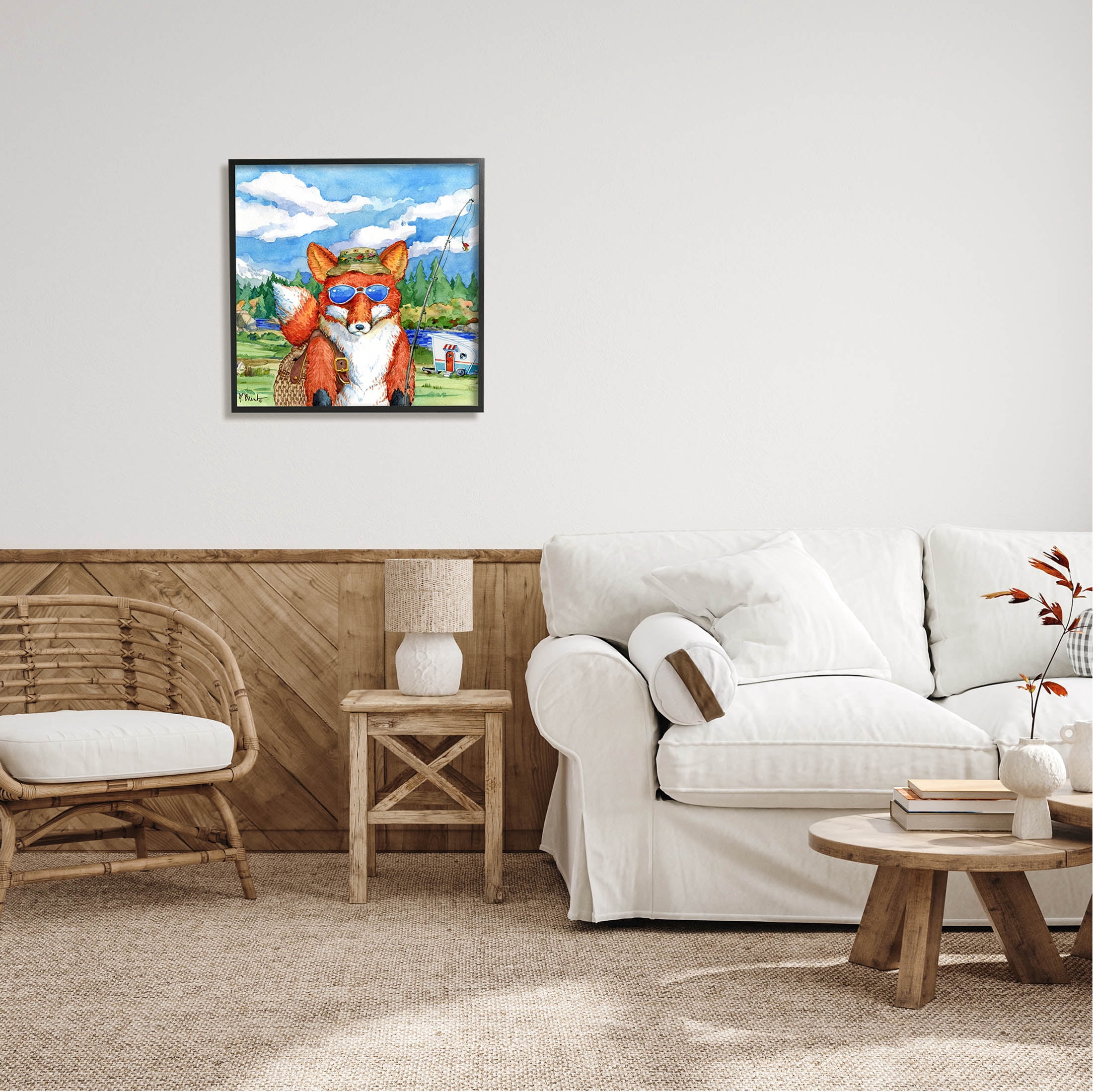 Stupell Industries Happy Camper Red Fox Fisherman Painting Black Framed Art Print Wall Art, Design by Paul Brent