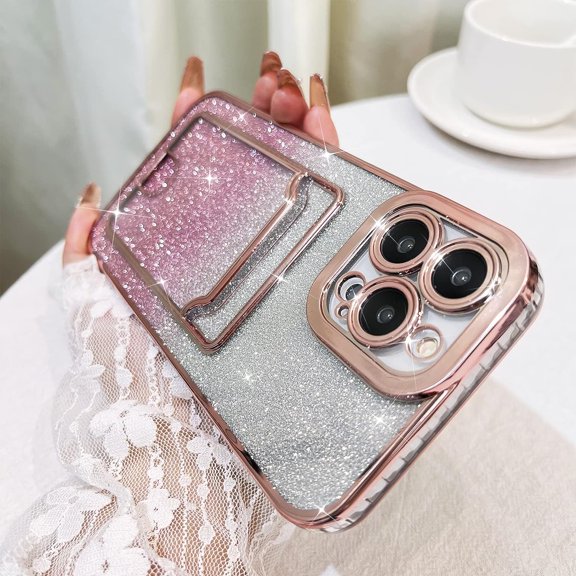 iPhone 12 Pro Max Wallet Case with Credit Card Holder, Cute Luxury Clear Glitter Bling Flexible Cover Camera Protection Shockproof Phone Case for Women Girls，Pink