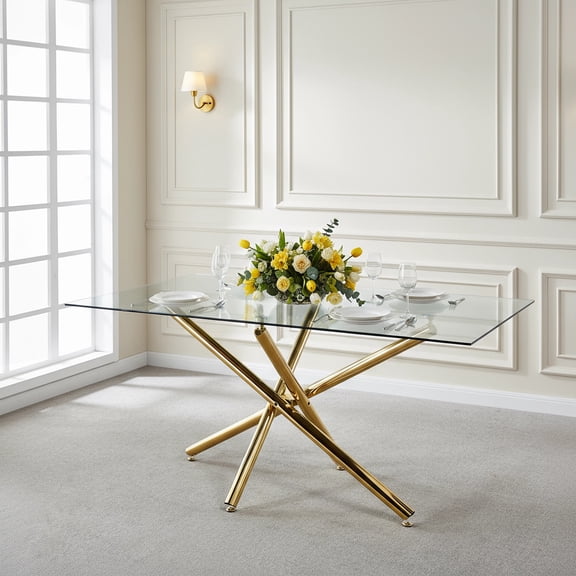 63" Rectangular Clear Tempered Glass Dining Table for 4-6 People, Modern Kitchen Table with X-Shaped Metal Base, Dining Table for Dining Room, Living Room