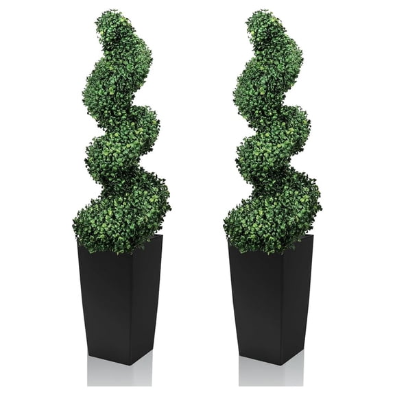 Artificial Spiral Topiary Trees 4FT, Set of 2 UV Resistant Faux Boxwood Plants in Square Planter, Indoor Outdoor Shrubs for Front Porch, Entryway, Patio, Home Decor