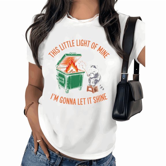 UNISHE Women's Sarcastic Dumpster Fire Raccoon Graphic Short Sleeve T-Shirt Funny Meme Humor Crewneck Tee Comfortable Cotton Casual Top Plus Size S-5XL
