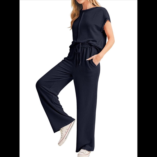 Conjunto Informal de Dos Piezas de Punto Acanalado para Mujer, Camiseta de Corta y Pantalón , Ideal para el Hogar y para Viajes Azul Oscuro XL