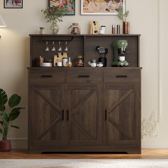 Modern Farmhouse Sideboard Buffet Cabinet, Wood Buffet Storage Cabinet with 3 Drawers & Shelves, Coffee Bar Cabinet with Barn Doors, Microwave Stand for Kitchen, Dining Room