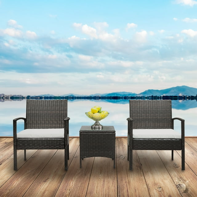 3pcs Patio Conversation Chairs Set, BTMWAY Rattan Outdoor Patio Deck Backyard Furniture Balcony Sofa Chairs Set, Outdoor Wicker Bistro Lounge Chair Set with Bistro Chair/Side Table/Cushions, R655