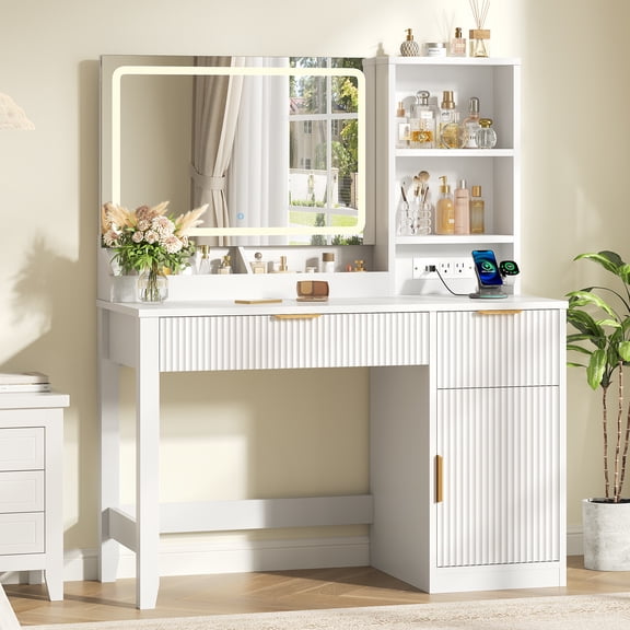 SIKAIC Fluted Makeup Vanity Desk with LED Lighted Mirror,Charging Station,Wooden Dressing Table with Drawers and Shelves for Bedroom,White