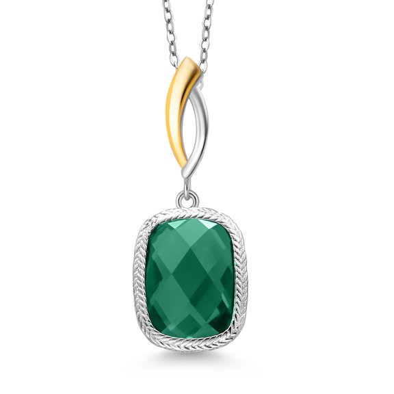 Gem Stone King 925 Sterling Silver and 10K Yellow Gold Green Nano Emerald Pendant Necklace for Women (2.30 Cttw, 13X9MM Cushion Checkerboard Cut, 18 inch Chain)