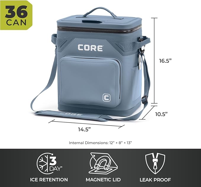 CORE 36 Can Climakeep Magnetic Soft Cooler, Leakproof Cooler, Waterproof Zipper, Steel Blue