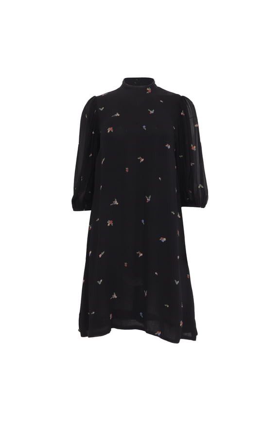 Pre-Owned Ganni Gathered Floral-Print Georgette Mini Dress in Black Viscose
