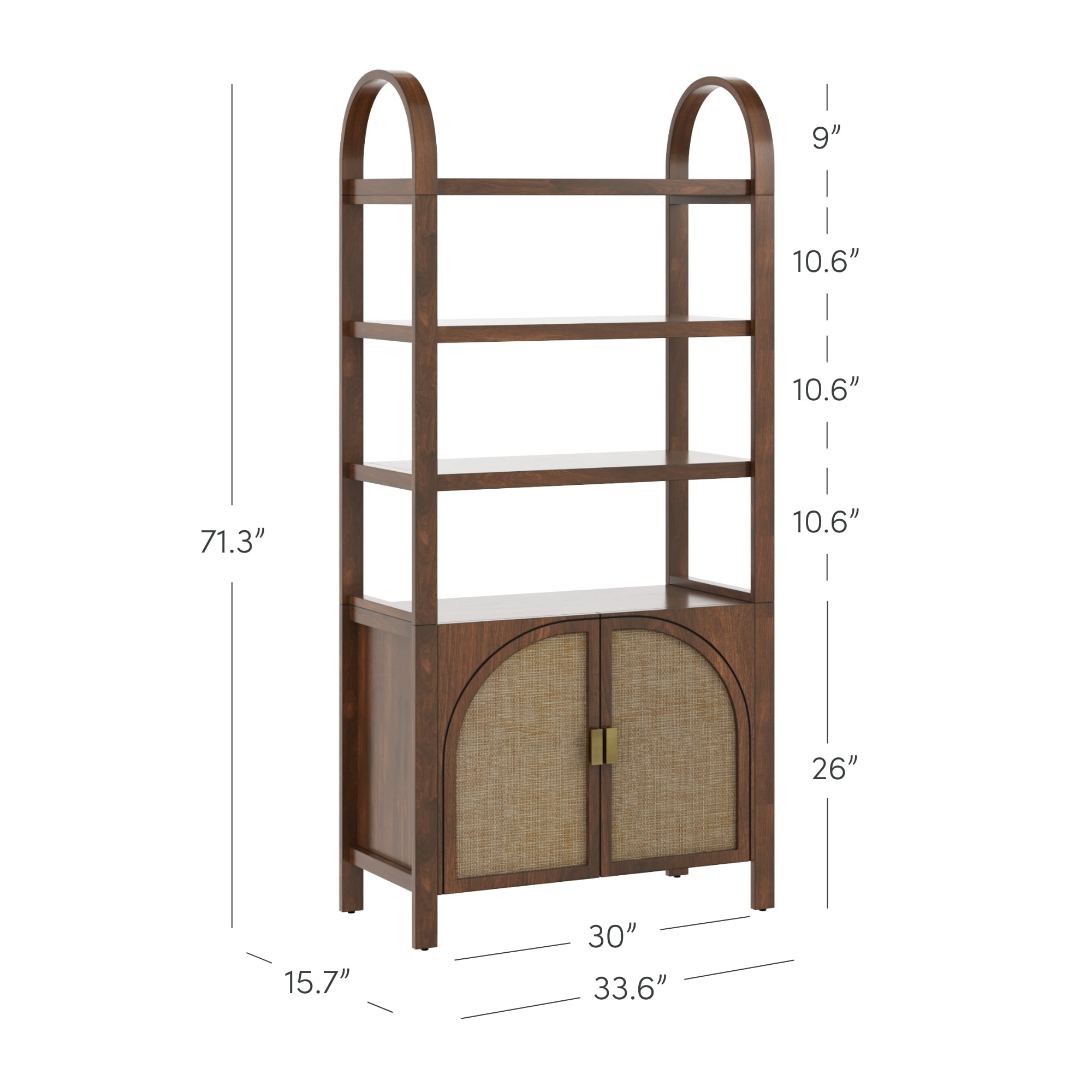 Nathan James Paxton Boho Bookshelf Cabinet with Solid Wood Frame Rattan Bookshelf with Cabinet Base, Arched Bookcase Cabinet for Living Room or Home Office, Dark Acacia