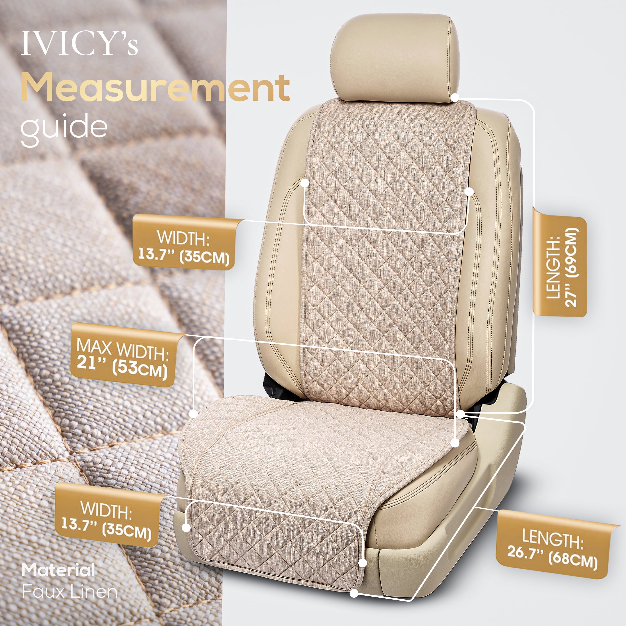 IVICY Faux Linen Front Car Seat Cover – Durable, Non-Slip Seat Protector for Cars – 1 Unit, Beige