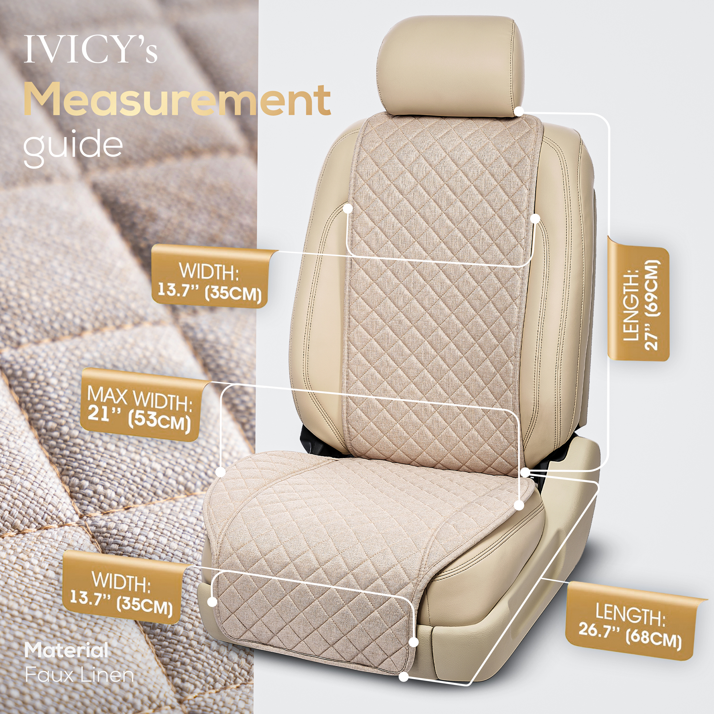 IVICY Faux Linen Front Car Seat Cover, Beige photo 6