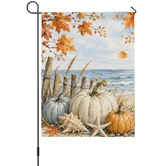 Coastal Fall Garden Flags For Outdoor, Coastal Blue Pumpkin Starfish Seashell Maple Leaf Small Double Side Yard Flags Weather Proof Garden Decor for Lawn Outside Holiday 12 x 18 Inches