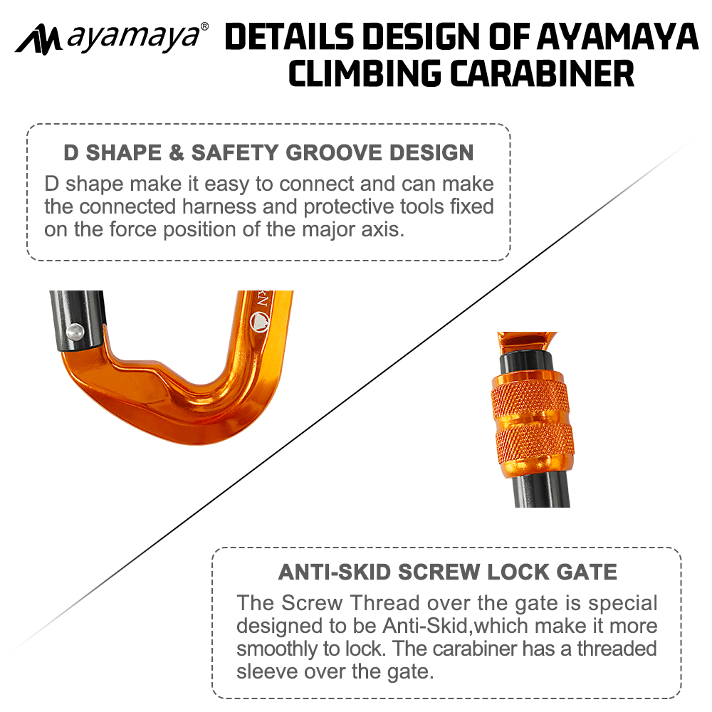 3PACK AYAMAYA Climbing Carabiner, Aluminum D Ring Locking Clip Hook, Screw Locking Screwgate Carabiners,Screw Lock Hook for Traveling Camping (Orange)