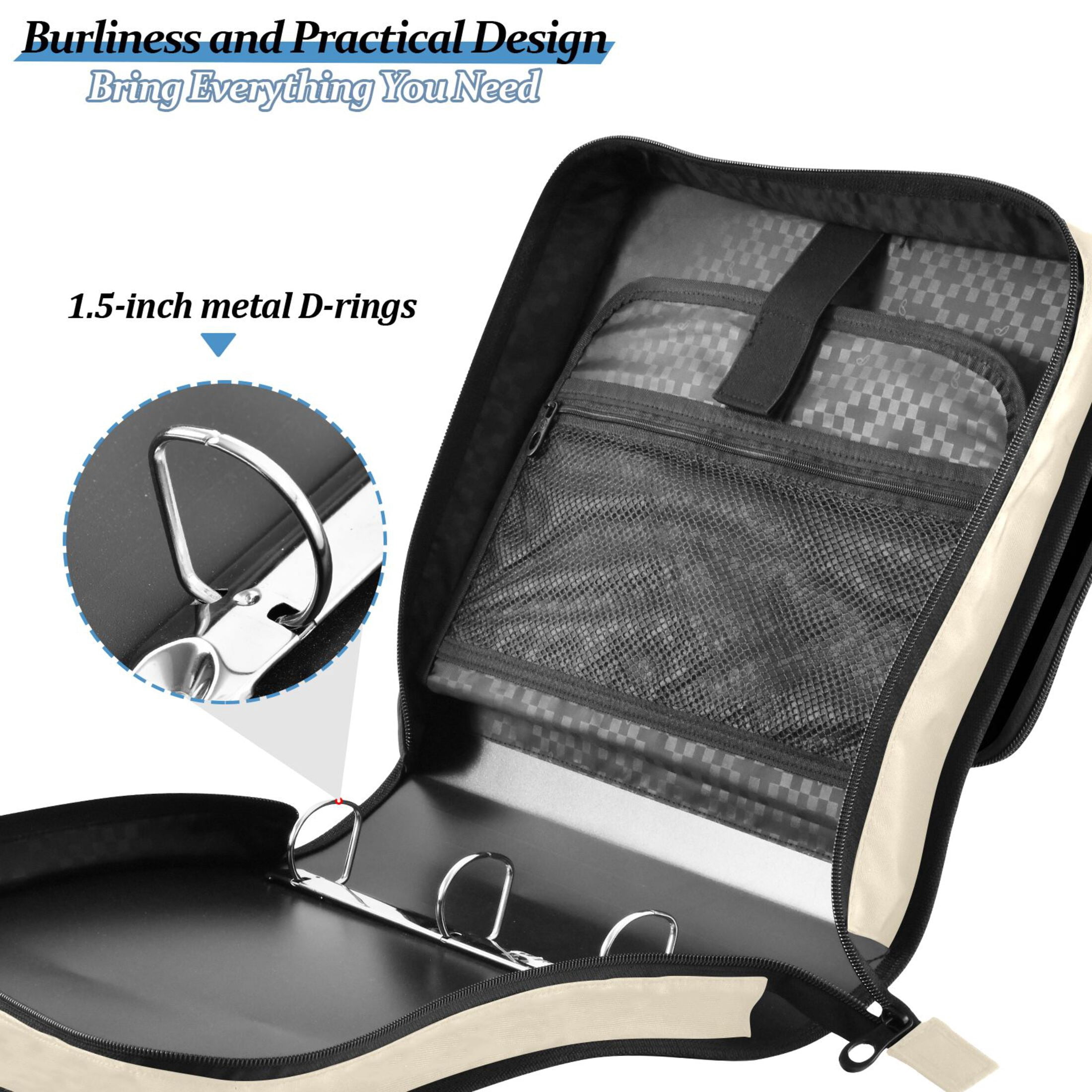 3 Ring Zipper Binder with Shoulder Strap Waterproof Trapper Keeper 2 Inch D-Ring 500 Sheets Capacity Cream