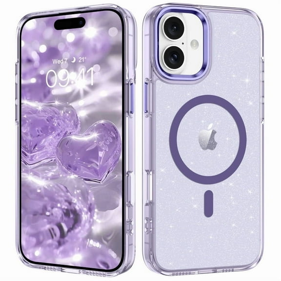 GUAGUA Glitter Translucent Case for iPhone 16, 6.1" Claer Anti-Scratch Case, Mobile Cover for iPhone 16 6.1" [Compatible with Mag-safe] Metal Lens Frame Metal Buttons Tpu PC Hard Transparent Purple