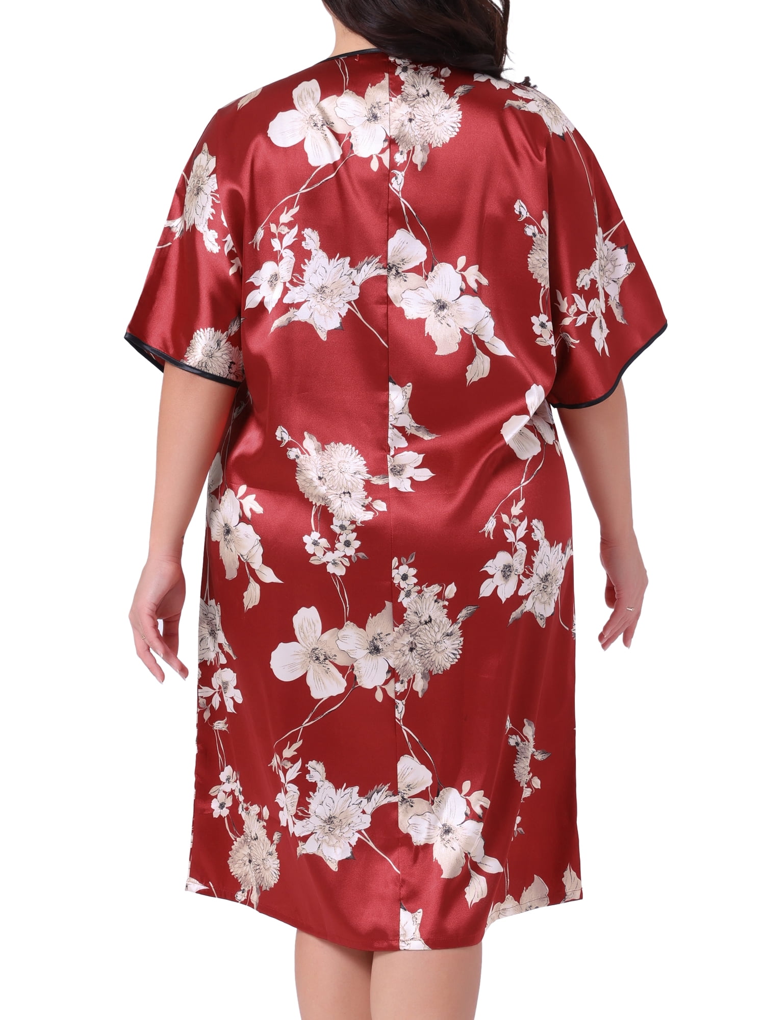 DARING DIVA Women's Plus Size Satin Floral Short Sleeve Round Neck Nightgown 1X Red