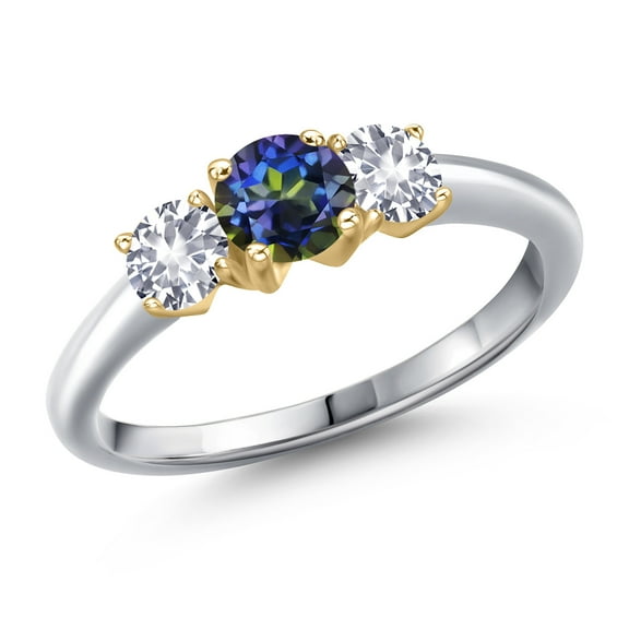 Gem Stone King 925 Silver and 10K Yellow Gold Blue Mystic Topaz and White Created Sapphire Engagement Ring for Women | 1.00 Cttw | Round 5MM | Gemstone November Birthstone | Size 5