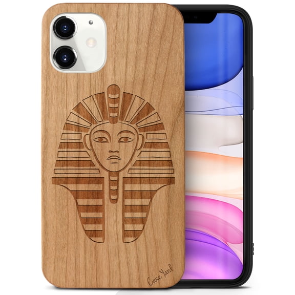 Case Yard Wooden Case Outside Soft TPU Silicone, Slim Fit Shockproof Wood Protective Phone Cover for Girls Boys Men and Women, Supports Wireless Charging Pharaoh Head Design case for iPhone-12-Mini