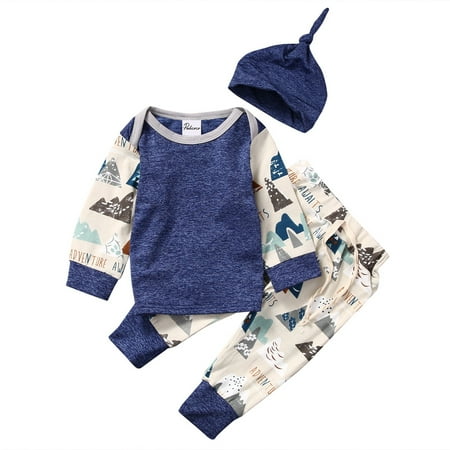 

Baby Boys Graphic Blue Outfit Long Sleeve Shirt Top Infant Joggers Long Pants with Hat