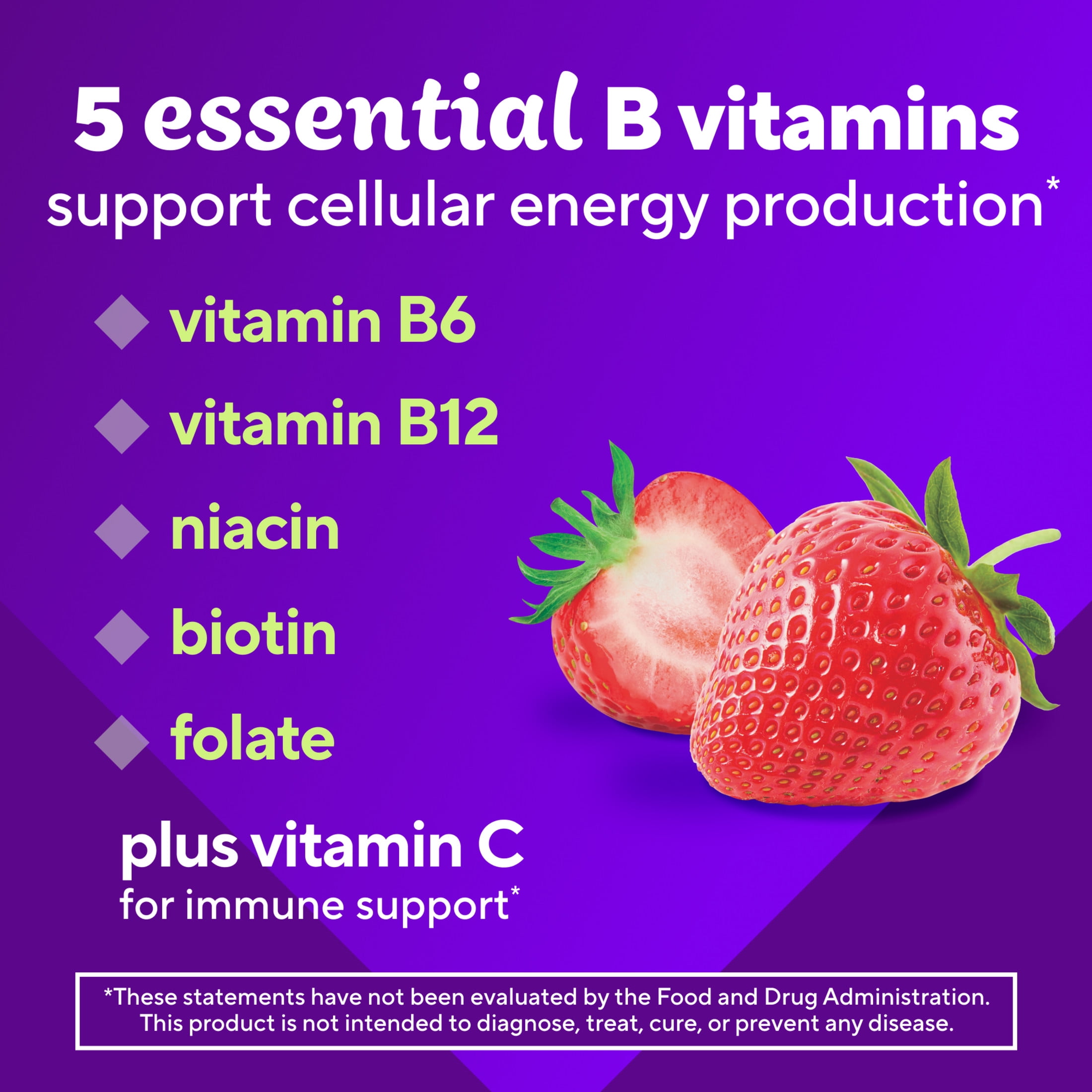 (3 pack) vitafusion B-Complex Gummy Dietary Supplements, with 5 B Vitamins to Support Cellular Energy Production (1), plus Vitamin C, Strawberry Flavor, 60 Count