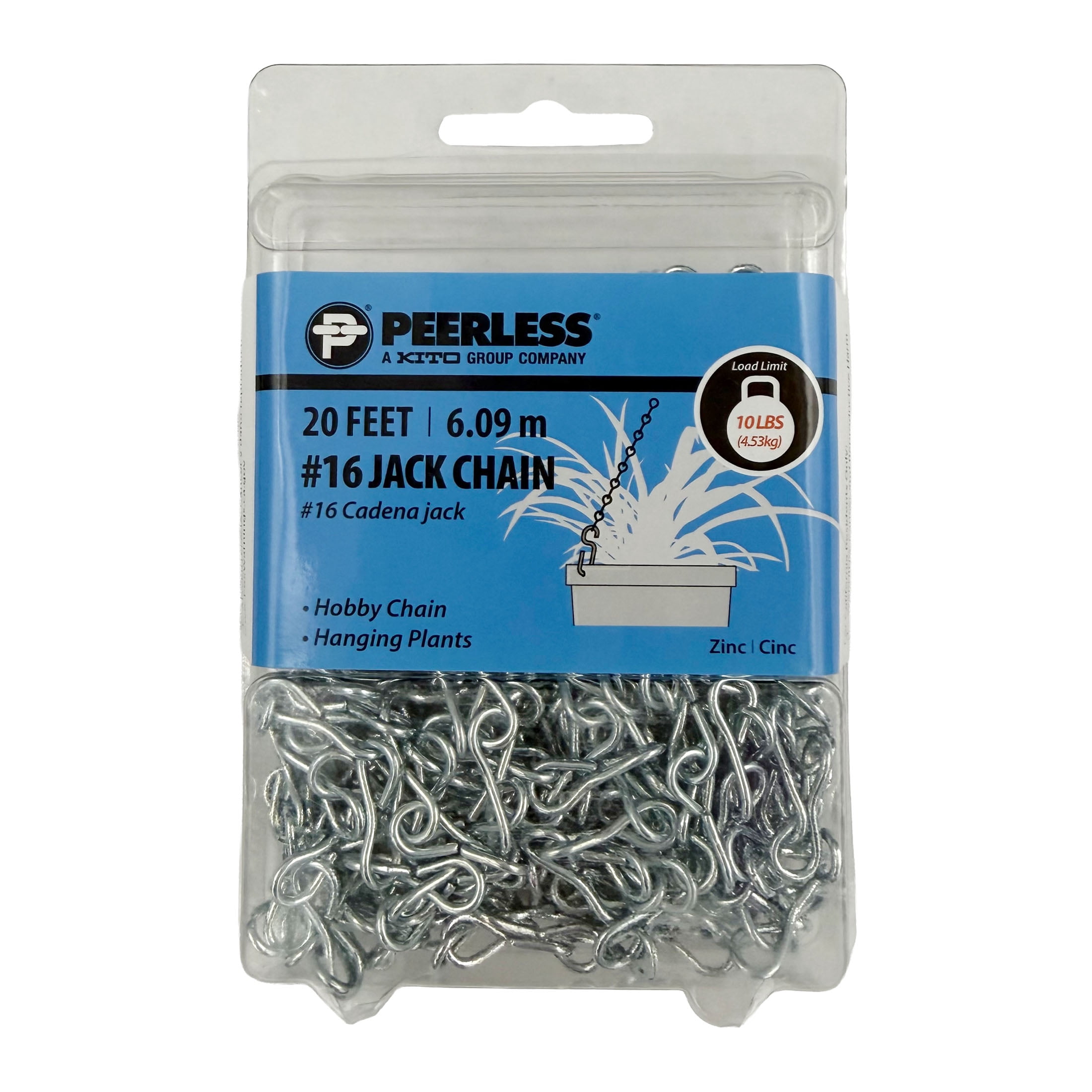 16 Jack Chain, 20 feet, Zinc-Plated, Peerless Chain Company