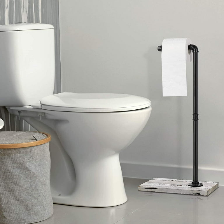 Gray Wood and Industrial Metal Pipe Freestanding Toilet Paper Roll Holder  Stand with Reserve Storage and Top Shelf Tray