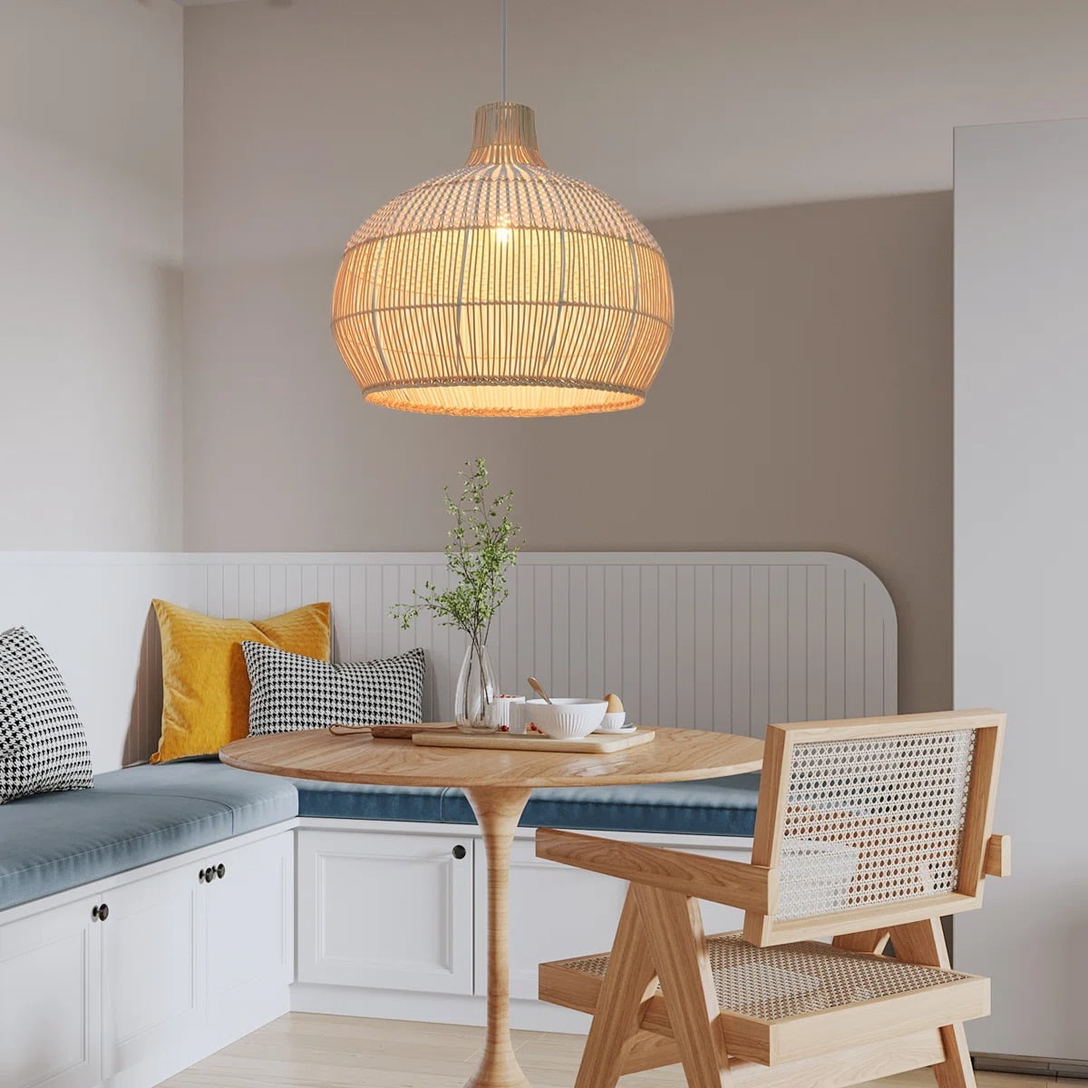 Arturesthome Rattan Pendant Light Fixture Hand-Woven White Wicker Basket Chandelier Boho Faux Rattan Hanging Lamp for Dining Living Bedroom Kitchen
