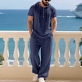 thumbnail image 2 of Hinvhai Linen 2 Piece Sets for Men Button Down Linen Shirts with Hood and Beach Pants Loose Fit Casual Vacation Outfits Navy M(M), 2 of 9