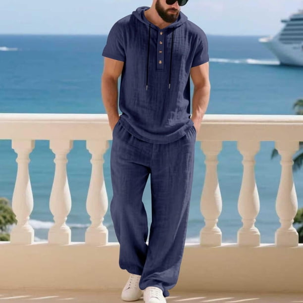 Ceisia Men's Loose Fit Cotton-Linen Like 2-Piece Set Hooded Short Sleeve Shirt with Elastic Waist Wide Leg Pants Gifts