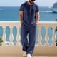 thumbnail image 1 of Ceisia Men's Loose Fit Cotton-Linen Like 2-Piece Set Hooded Short Sleeve Shirt with Elastic Waist Wide Leg Pants Gifts, 1 of 9