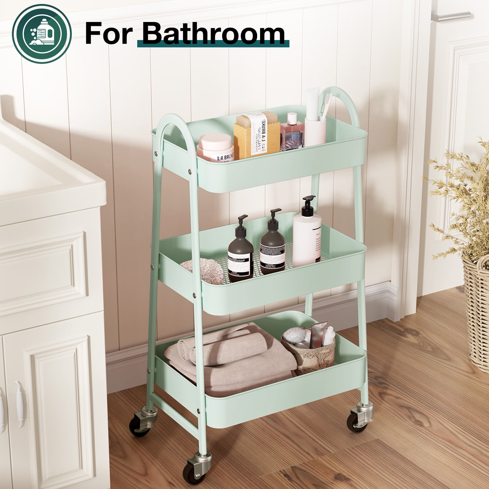 ZUNMOS 3 Tier Rolling Cart, Metal Utility Storage Cart with Lockable Wheels for Livingroom, Bathroom, Kitchen & Narrow Spaces,Green