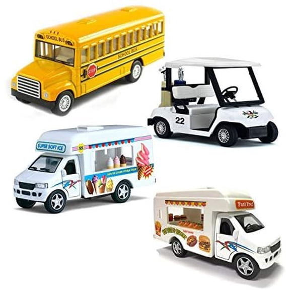 Magical Memories Collection Diecast Toy Trucks Set of 4  Ice Cream Truck, Food Truck, School Bus, Golf Cart  Pullback Truck Toys for Boys and Girls and Detailed Interior