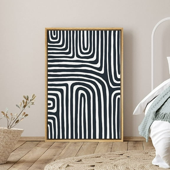 PixonSign Framed Canvas Print Wall Art Wavy Lines Close-Up Abstract Shapes Illustrations Minimalism Contemporary Dramatic Black and White for Living Room, Bedroom, Office - 16"x24" Natural