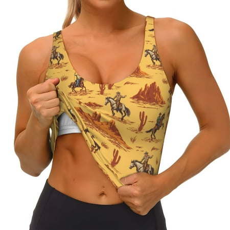 Qokaie Brave Cowboys Pattern Womens Scoop Neck Sports Bra Breathable Workout Vest Padded U Back Medium Impact Fitness Gym Yoga Bra Workout Crop Top