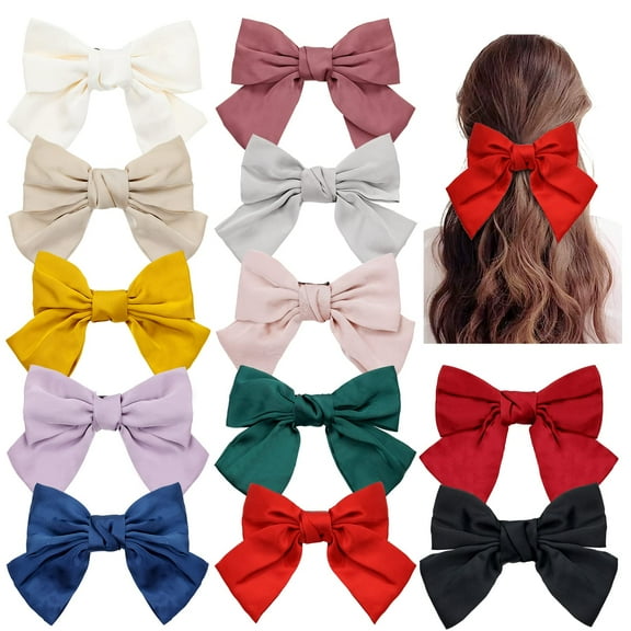 12 Colors Pack 8 Inch Large Big Oversized Knot Bowknot Satin Hair Bows French Barrettes Hair Clips Bun Ponytail Holder White Red Green Blue Black Hair Bow Ribbon Accessories for Women Girls