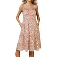 thumbnail image 2 of Womens Sundresses for Casual 2025 Summer Floral Knee Length Spaghetti Strap Low Cut Short Dresses Smocked Built In Bra Sleeveless Sundresses Pink L, 2 of 5
