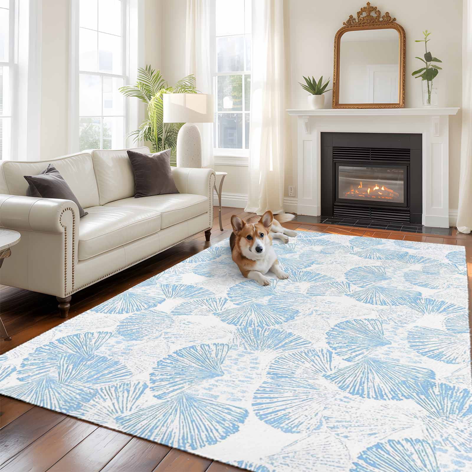 Ocean Shell Area Rugs 8'x10', Washable Small Throw Rugs for Living Room Patio, Summer Coastal Seashells Texture Light Blue Indoor Outdoor Rug Non-Slip Low Pile Carpet Runner Reversible Floor Mats