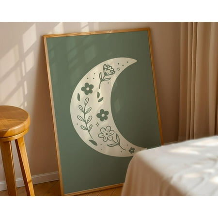 Moon Wall Art Sage Green Moon Print Vintage Poster Trendy Boho Decor Flower Art Print Wall Art Modern Wall Decor 12x18 UNFRAMED