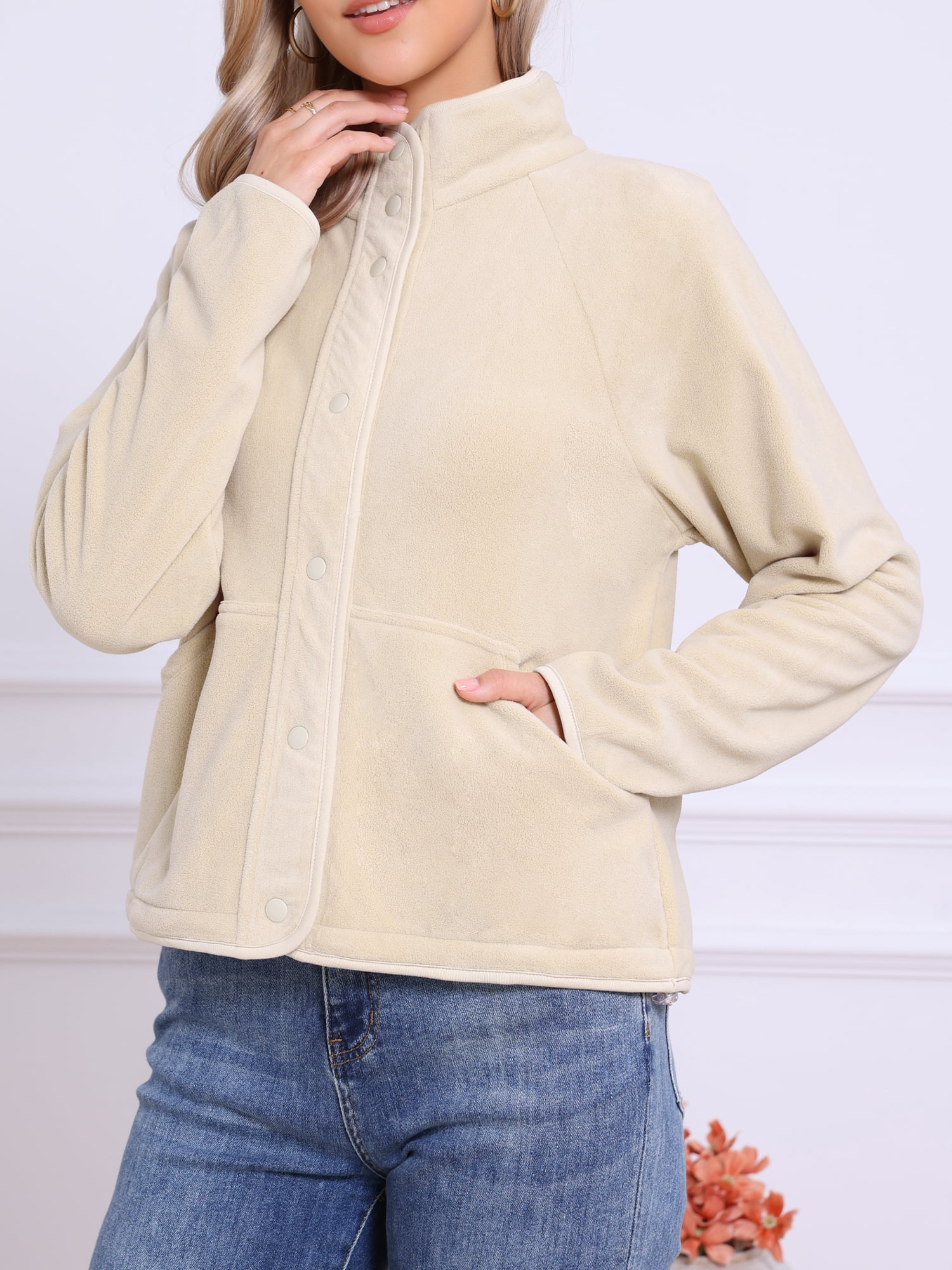 DARING DIVA Women's Fleece Jacket Long Sleeve Button Down Coat With Pockets XS Beige