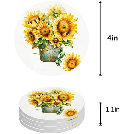 

ZHANZZK Sunflowers Set of 6 Round Coaster for Drinks Absorbent Ceramic Stone Coasters Cup Mat with Cork Base for Home Kitchen Room Coffee Table Bar Decor