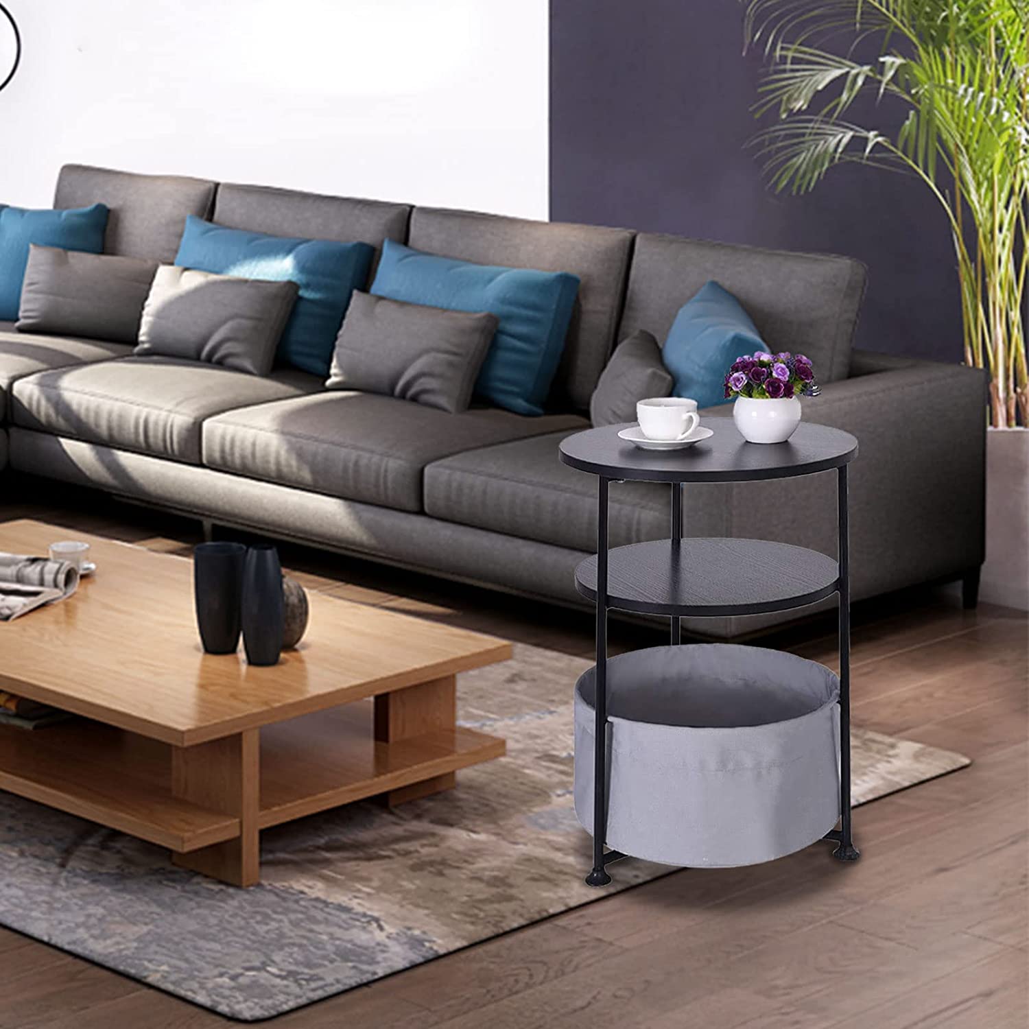 Buy MONIPA Small Round Sofa Side End Table with Storage Basket MDF