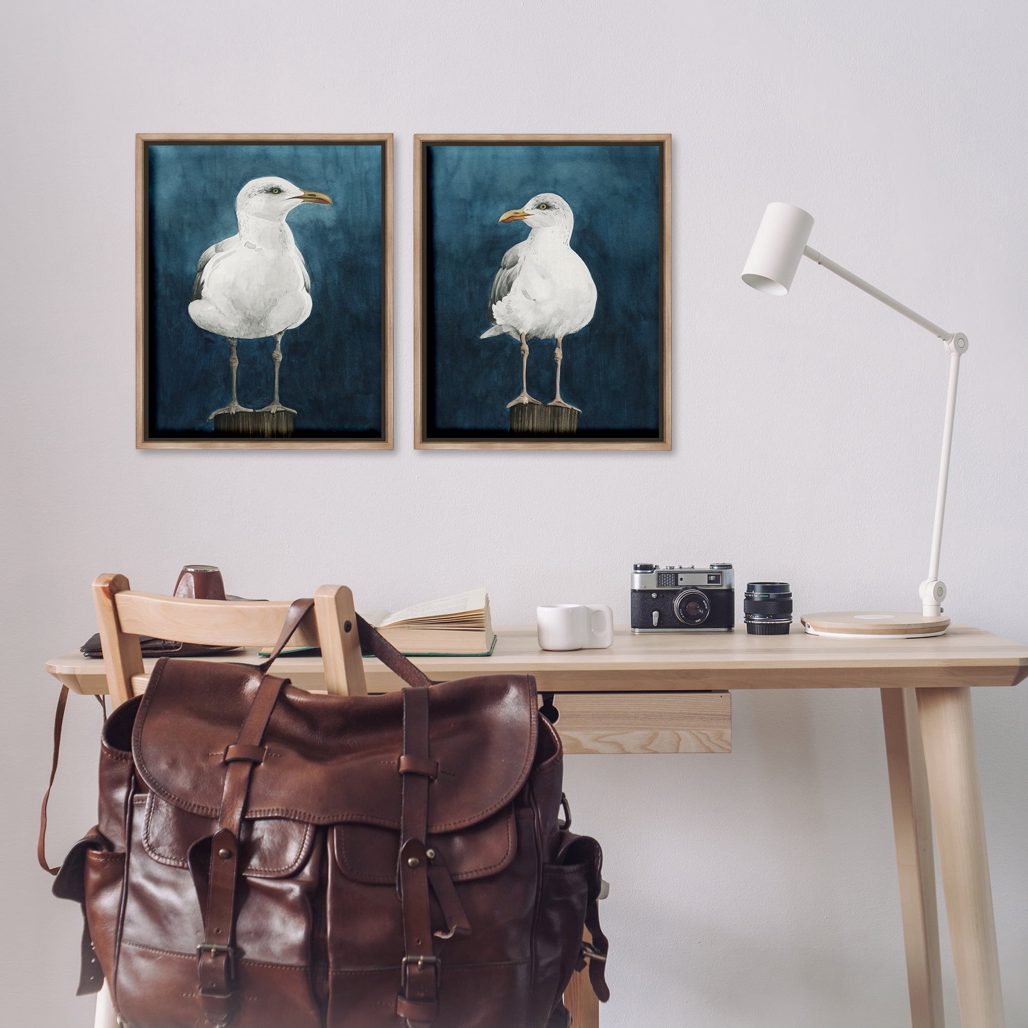 Stupell Industries Seagull Standing on Log Animals Painting Brown Floater Framed Canvas Art Print Wall Art, 17 x 21, Set of 2
