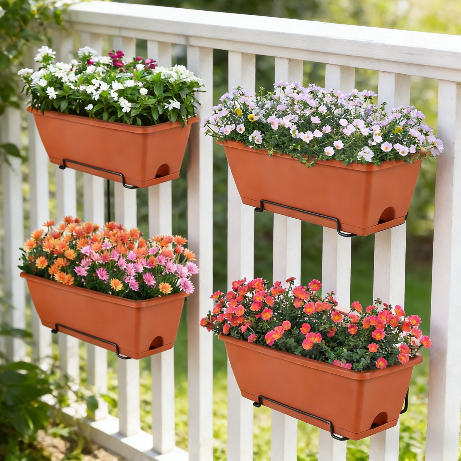 Railing Planter Boxes, Deck Rail Planter for Outdoor Plants, Hanging Railing Window Boxes Planter with Drainage Tray, Window Flower Pots with Brackets, for Over Rail Porch Fence, Balcony & Home Decor