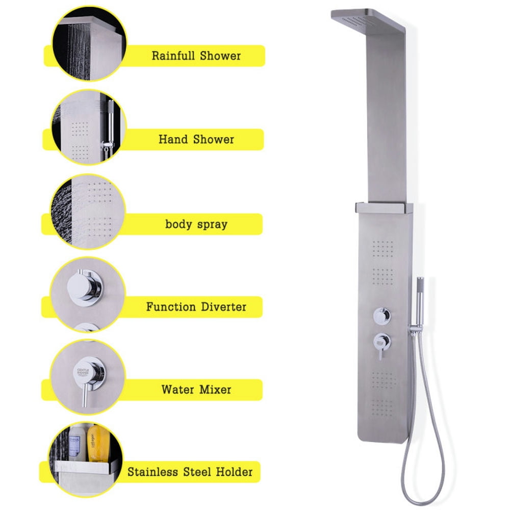 Finihen Shower Panel, Shower Panel Tower System, 59â Stainless Steel Shower Panel with Massage Jets and Hand Shower, Silver