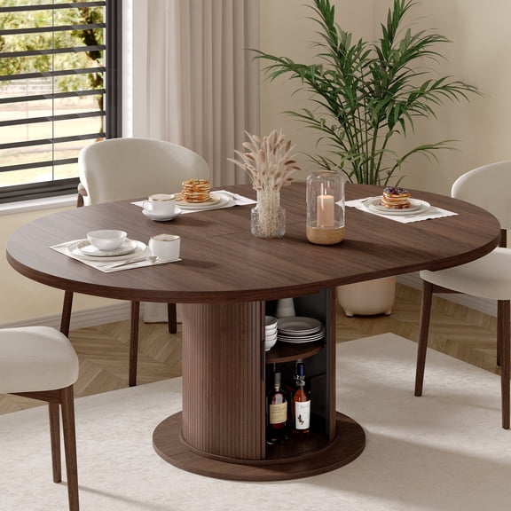 Round Dining Table for 4-8, Extendable Oval Kitchen Dining Room Table 47”-63” with Storage, Mid Century Modern Dinner Table, Walnut