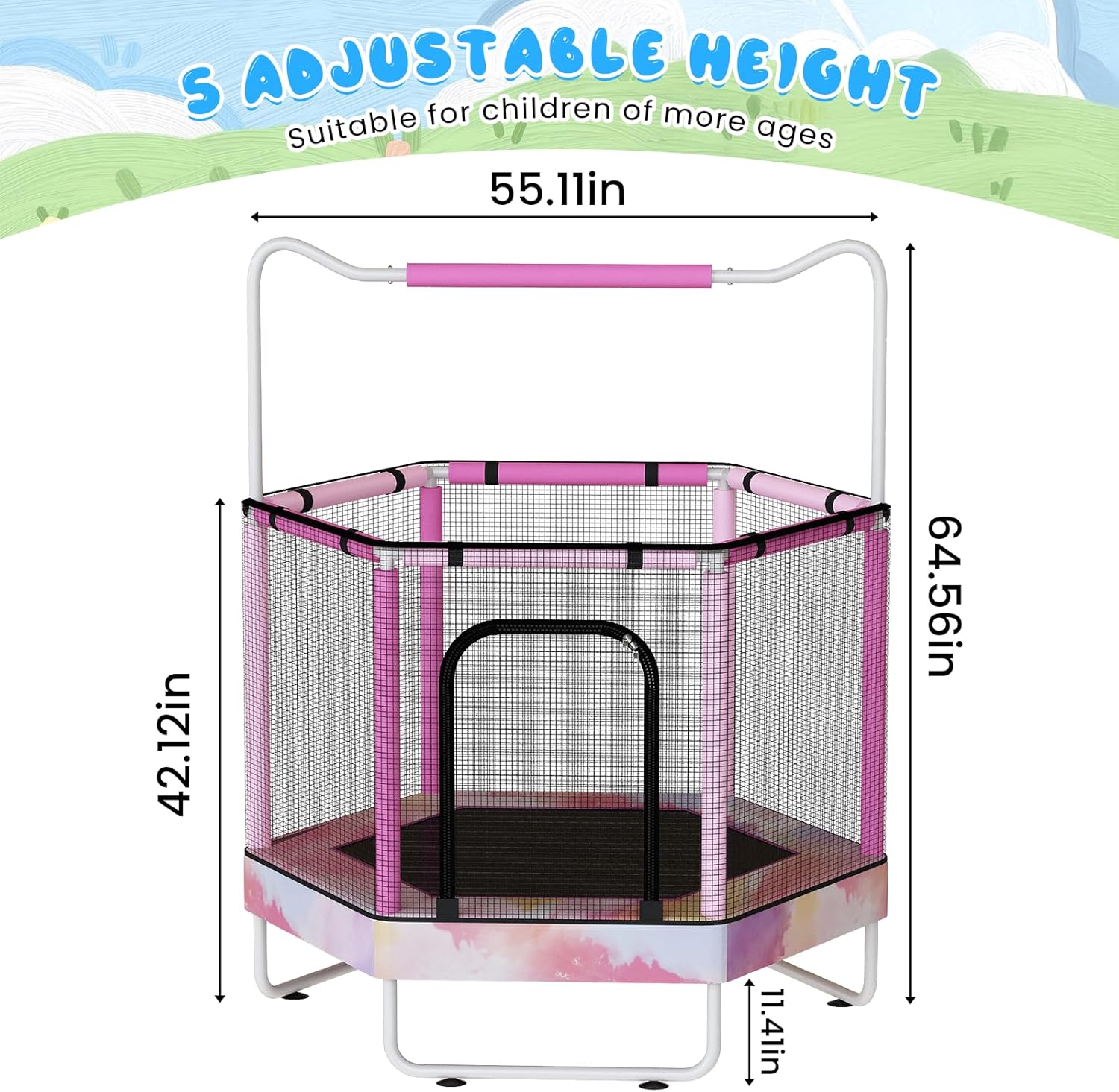 Baxluxe Toddler Trampoline for Kids Ages 3-8, 55in 7-in-1 Upgraded Indoor Trampoline with Net ,500lbs Capacity Safe Trampoline,Inside Pink Mini Trampoline Boys Girls Outdoor Adjustable Height