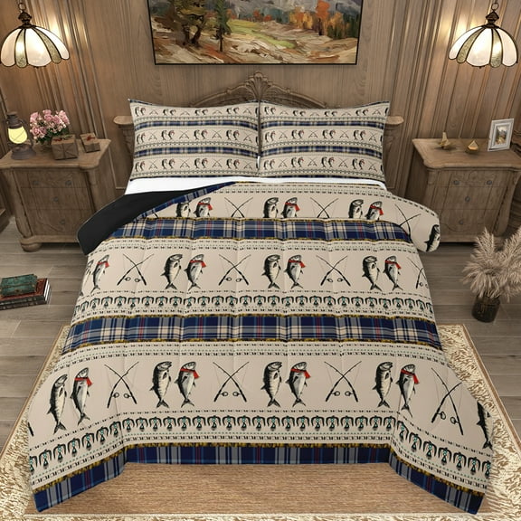 Homewish Bass Big Fish Bedding Comforter Set,Hunting And Fishing Twin Comforter Sets,Rustic Farmhouse Cabin Bedding Set For Boys Kids,Super Cozy Room Decor Reversible,2pcs
